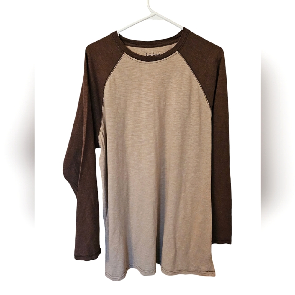 Basic Editions T Shirt Adult Large 2 Tone Brown Khaki Long Sleeve Baseball Tee